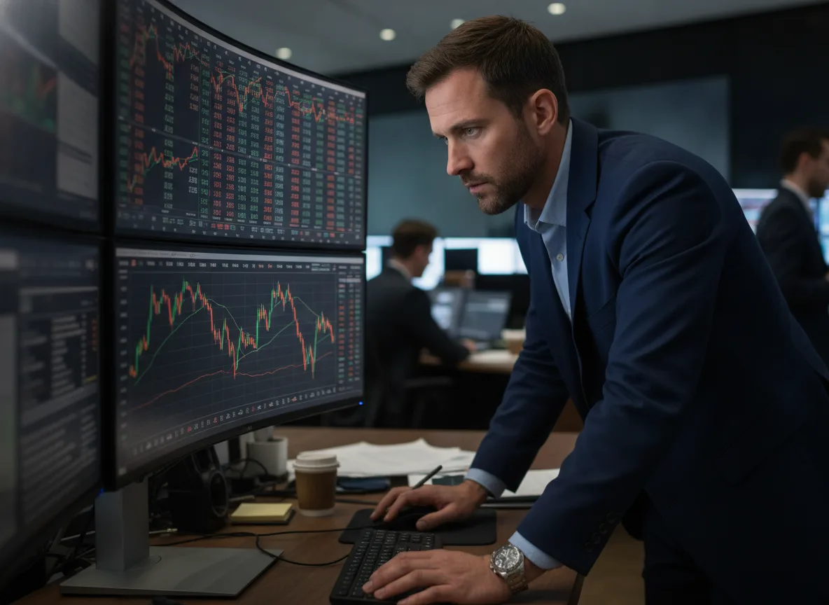 Homem em escritório analisando gráficos de mercado em monitores | Imagine Company - Agência de Marketing e Vendas em Goiânia - GO - BRASIL