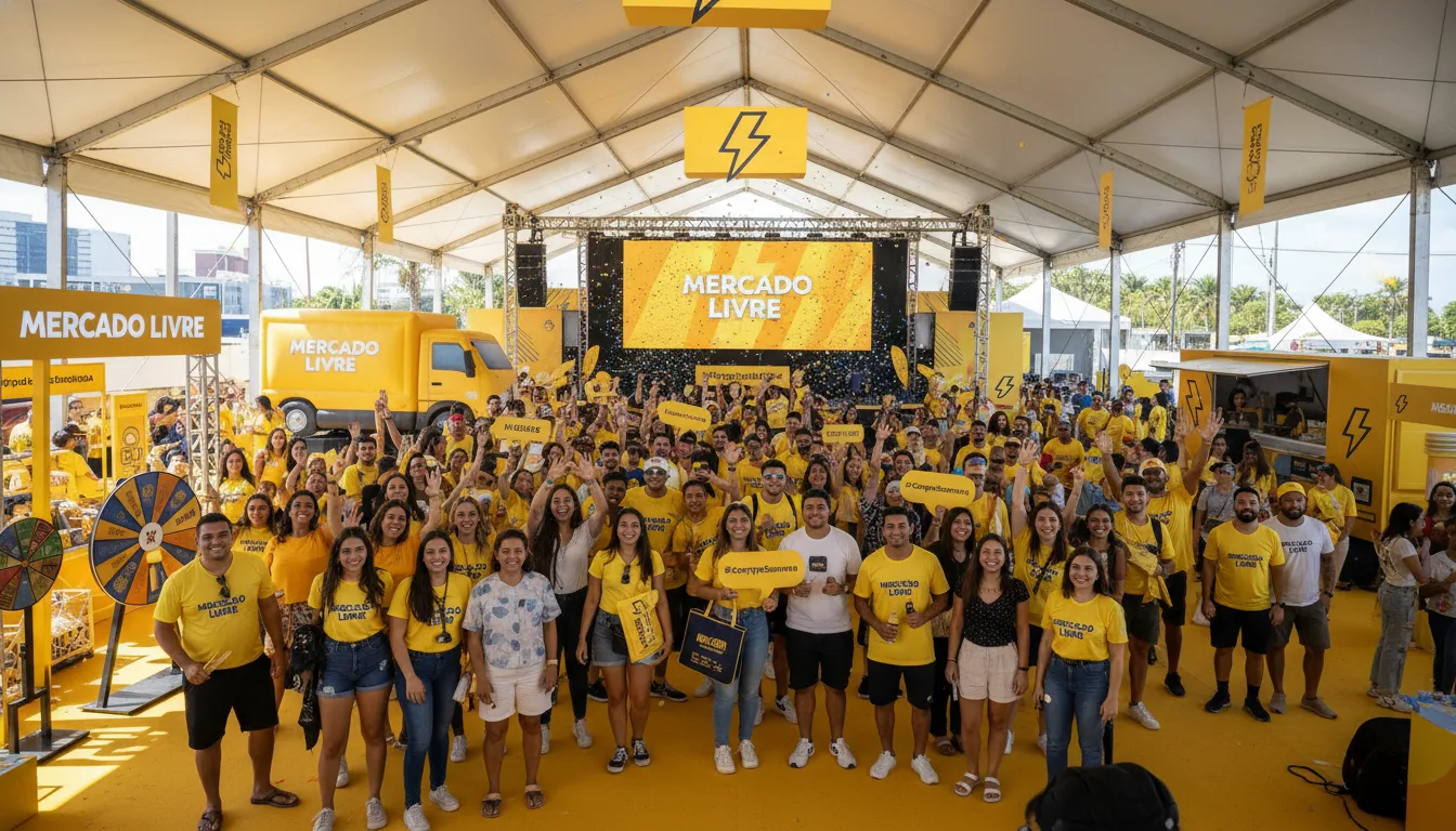 Equipe do Mercado Livre em evento comemorativo com branding no Big Brother Brasil | Imagine Company - Agência de Marketing e Vendas em Goiânia - GO - BRASIL