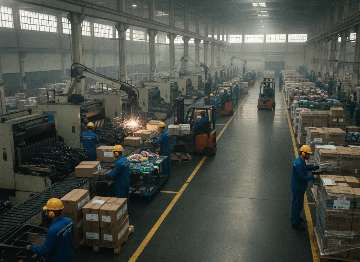 Trabalhadores em uma fábrica movimentando caixas e operando máquinas | Imagine Company - Agência de Marketing e Vendas em Goiânia - GO - BRASIL