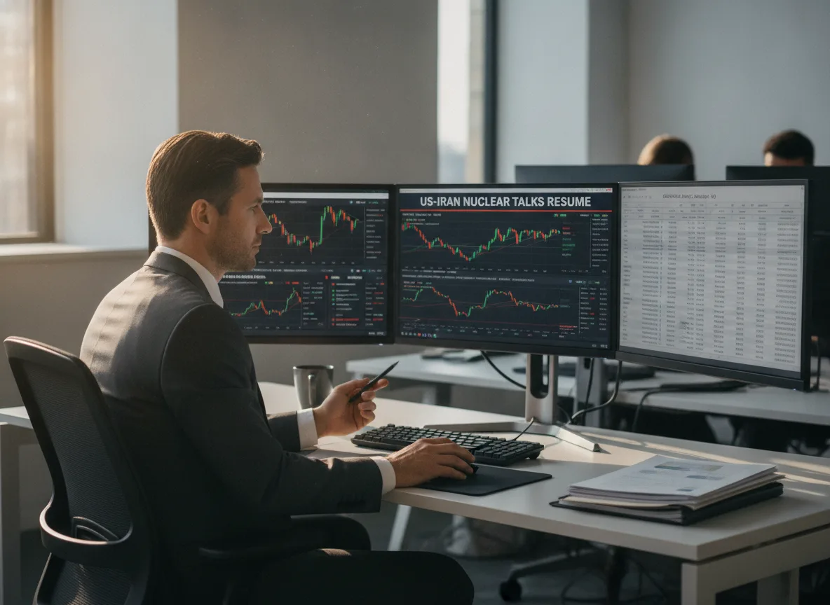 Homem em escritório analisa gráficos de mercado em três monitores | Imagine Company - Agência de Marketing e Vendas em Goiânia - GO - BRASIL