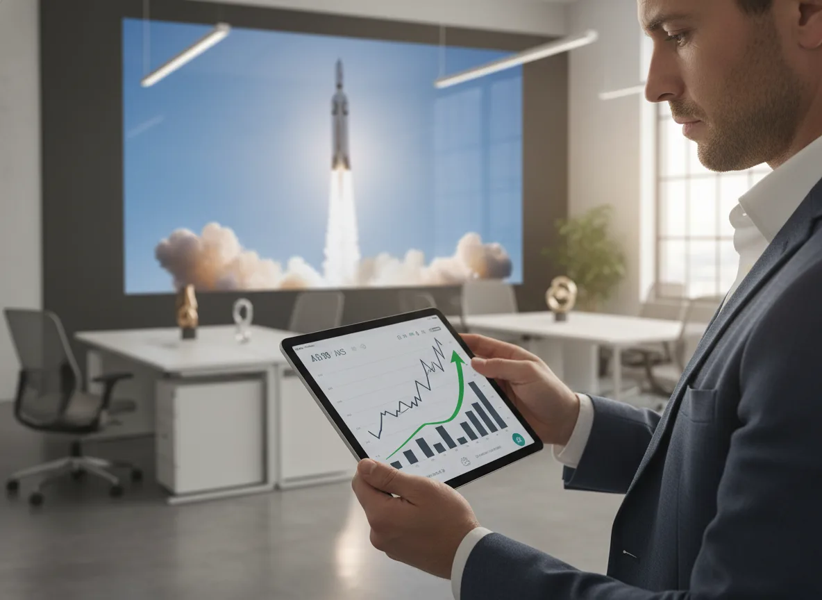 Homem em escritório observa gráficos de mercado em tablet com imagem de foguete ao fundo. | Imagine Company - Agência de Marketing e Vendas em Goiânia - GO - BRASIL