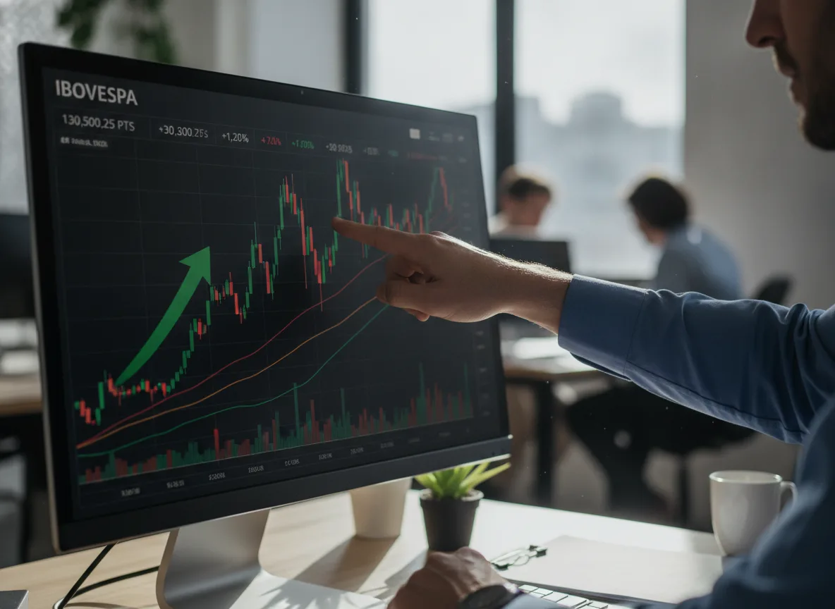Pessoa aponta para gráfico do Ibovespa em tela de computador | Imagine Company - Agência de Marketing e Vendas em Goiânia - GO - BRASIL