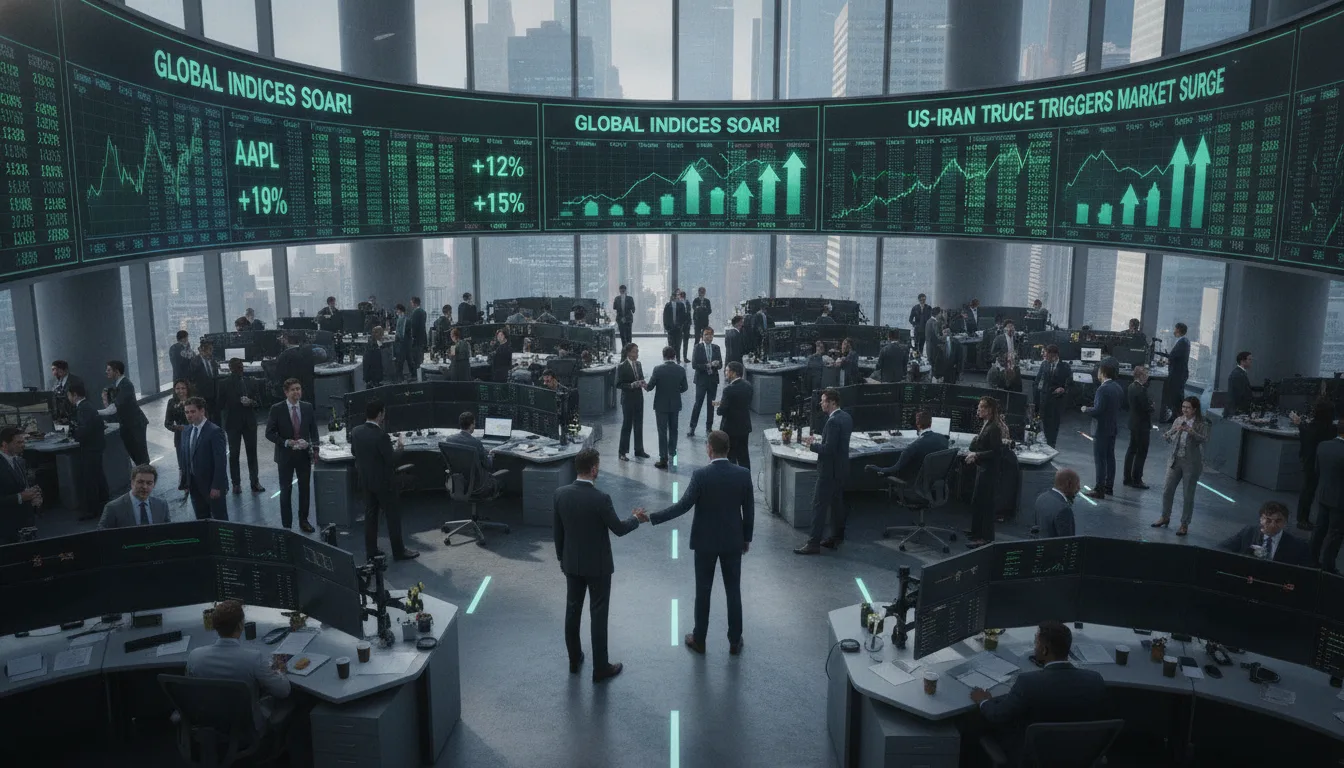 Corretoras ativas com operadores de mercado e telas de índices em alta após trégua EUA-Irã | Imagine Company - Agência de Marketing e Vendas em Goiânia - GO - BRASIL