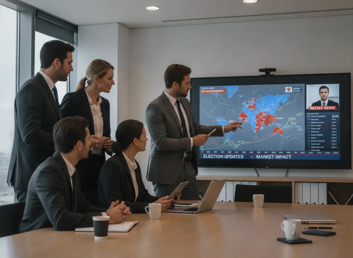 Executivos em reunião analisando mapa eleitoral em tela grande. | Imagine Company - Agência de Marketing e Vendas em Goiânia - GO - BRASIL