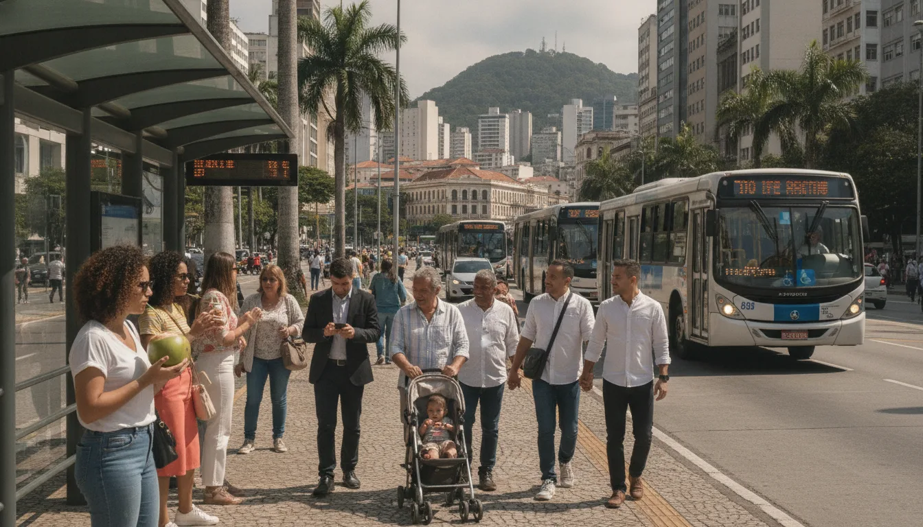 Grupo de pessoas em ponto de ônibus com ônibus ao fundo em cidade brasileira | Imagine Company - Agência de Marketing e Vendas em Goiânia - GO - BRASIL