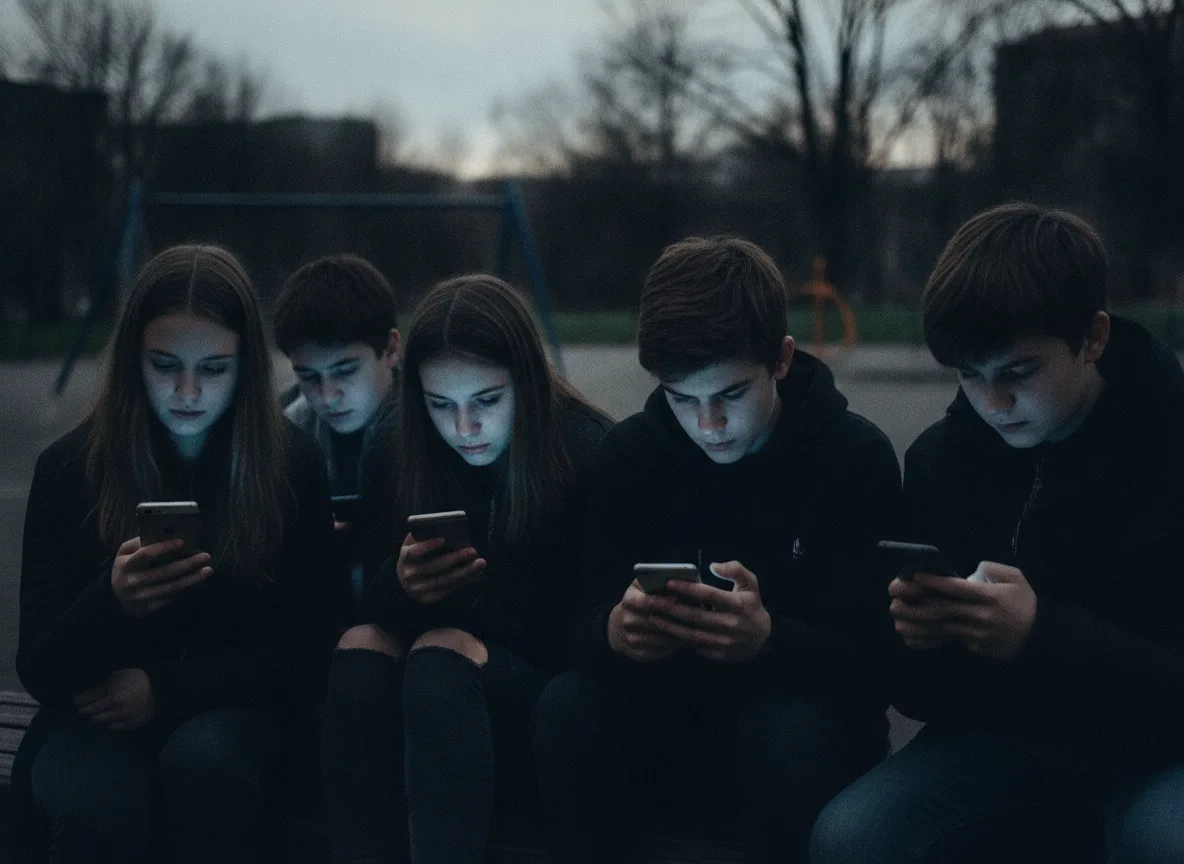 Grupo de jovens olhando para celulares à noite em um parque | Imagine Company - Agência de Marketing e Vendas em Goiânia - GO - BRASIL