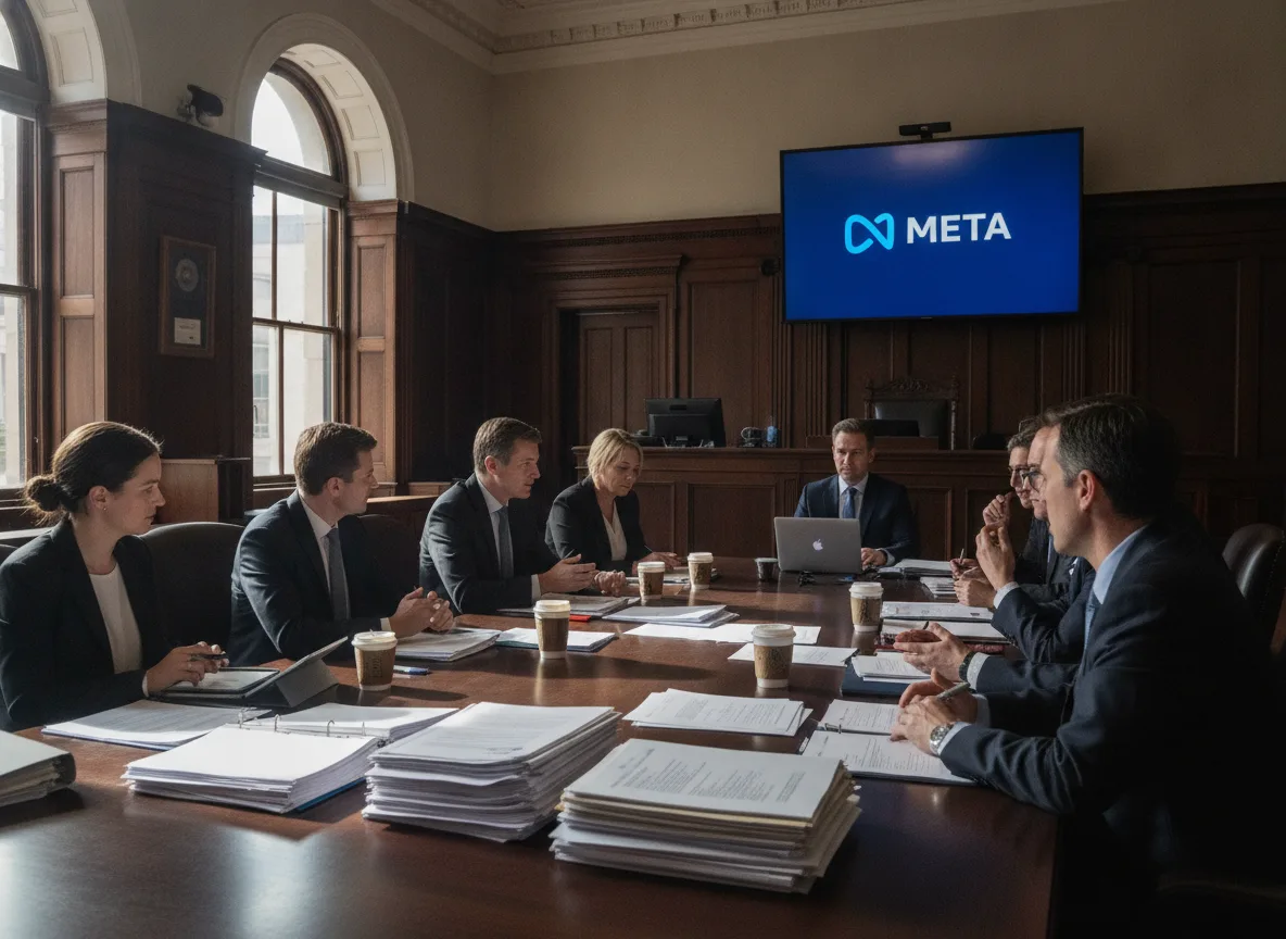Executivos em reunião de julgamento com logotipo da Meta ao fundo | Imagine Company - Agência de Marketing e Vendas em Goiânia - GO - BRASIL