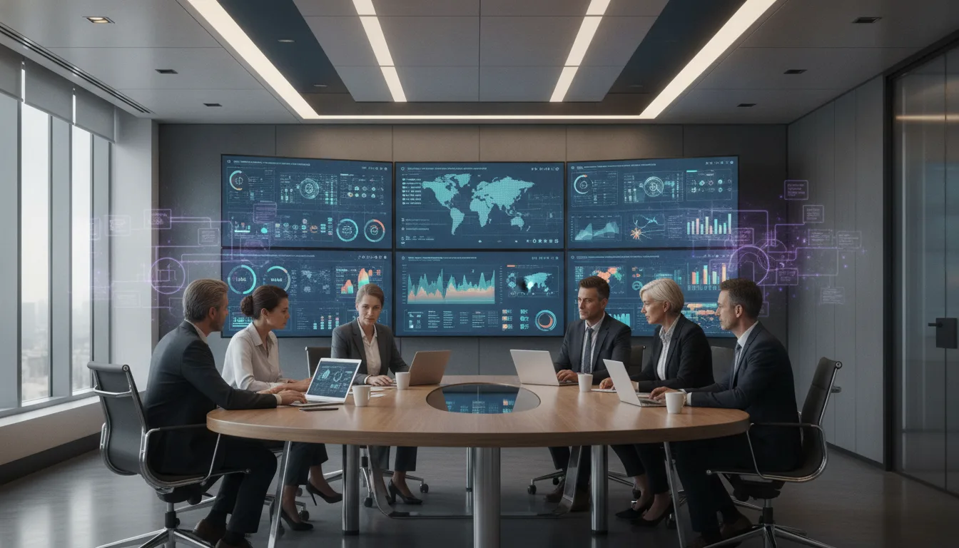 Executivos em reunião com painéis de dados digitais ao fundo | Imagine Company - Agência de Marketing e Vendas em Goiânia - GO - BRASIL