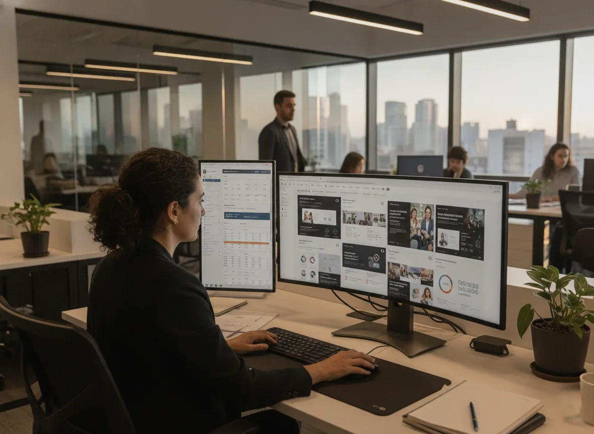 Pessoa trabalhando em computadores com ferramentas de IA da Meta em escritório | Imagine Company - Agência de Marketing e Vendas em Goiânia - GO - BRASIL