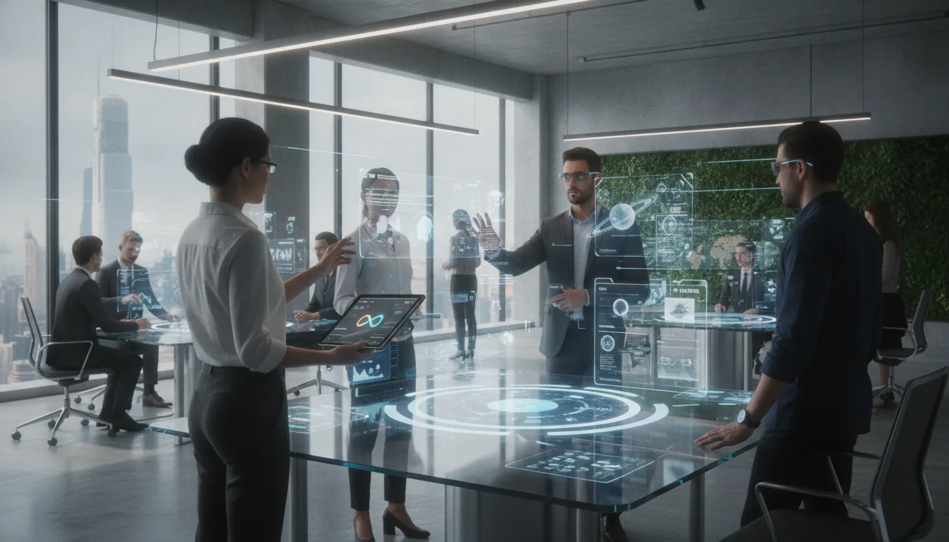 Pessoas em reunião com hologramas e tecnologia futurista em escritório | Imagine Company - Agência de Marketing e Vendas em Goiânia - GO - BRASIL