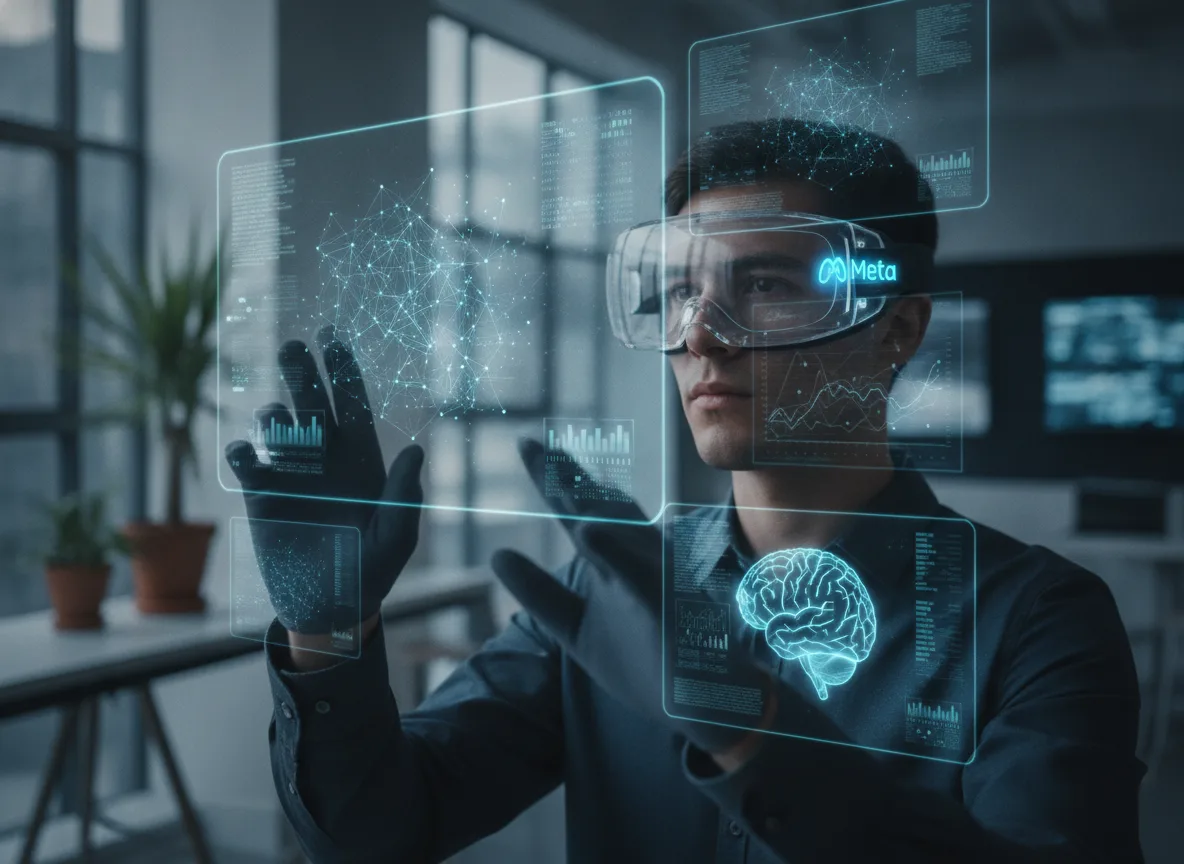 Homem usando óculos de realidade aumentada interage com hologramas digitais da Meta | Imagine Company - Agência de Marketing e Vendas em Goiânia - GO - BRASIL