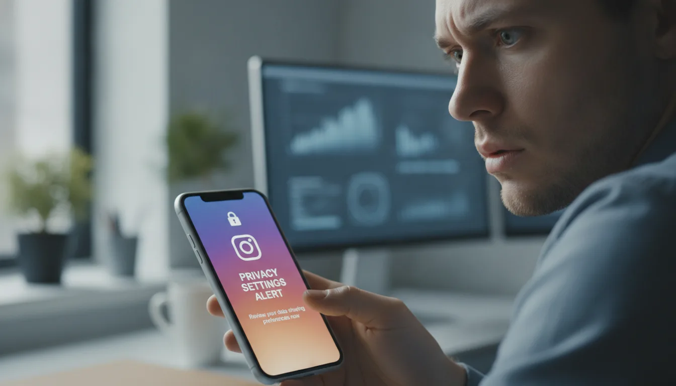 Homem segurando celular com alerta de privacidade do Instagram na tela | Imagine Company - Agência de Marketing e Vendas em Goiânia - GO - BRASIL