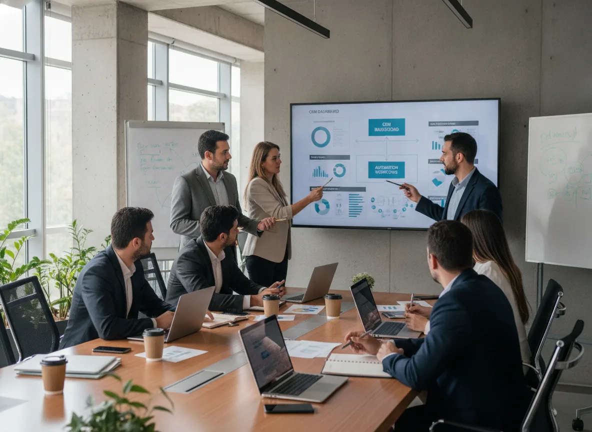 Grupo de executivos em reunião analisando gráficos em tela sobre IA | Imagine Company - Agência de Marketing e Vendas em Goiânia - GO - BRASIL
