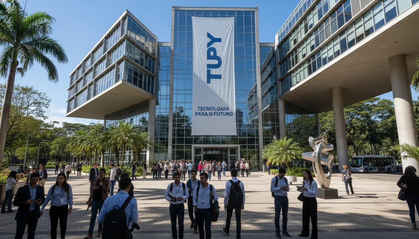 Fachada da Tupy com pessoas na entrada e banner 'Tecnologia para o Futuro' | Imagine Company - Agência de Marketing e Vendas em Goiânia - GO - BRASIL