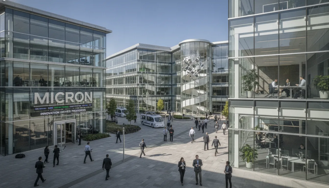 Vista da sede da Micron com pessoas e arquitetura moderna | Imagine Company - Agência de Marketing e Vendas em Goiânia - GO - BRASIL
