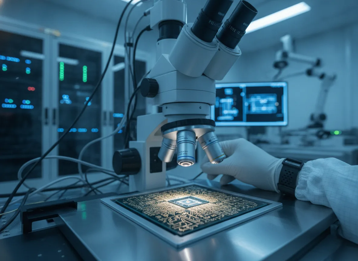 Cientista analisa chip em laboratório de tecnologia avançada. | Imagine Company - Agência de Marketing e Vendas em Goiânia - GO - BRASIL