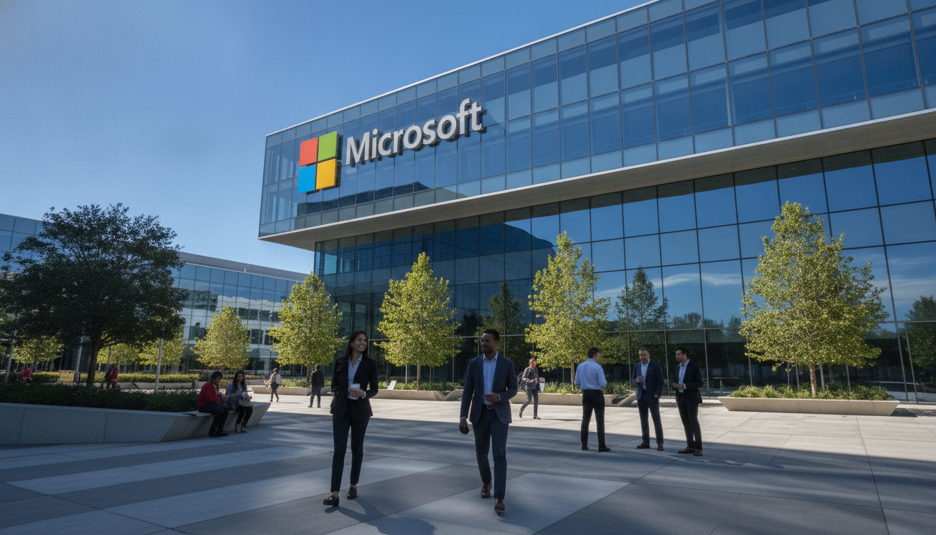 Prédio da Microsoft com pessoas na entrada, destacando segurança em IAs. | Imagine Company - Agência de Marketing e Vendas em Goiânia - GO - BRASIL