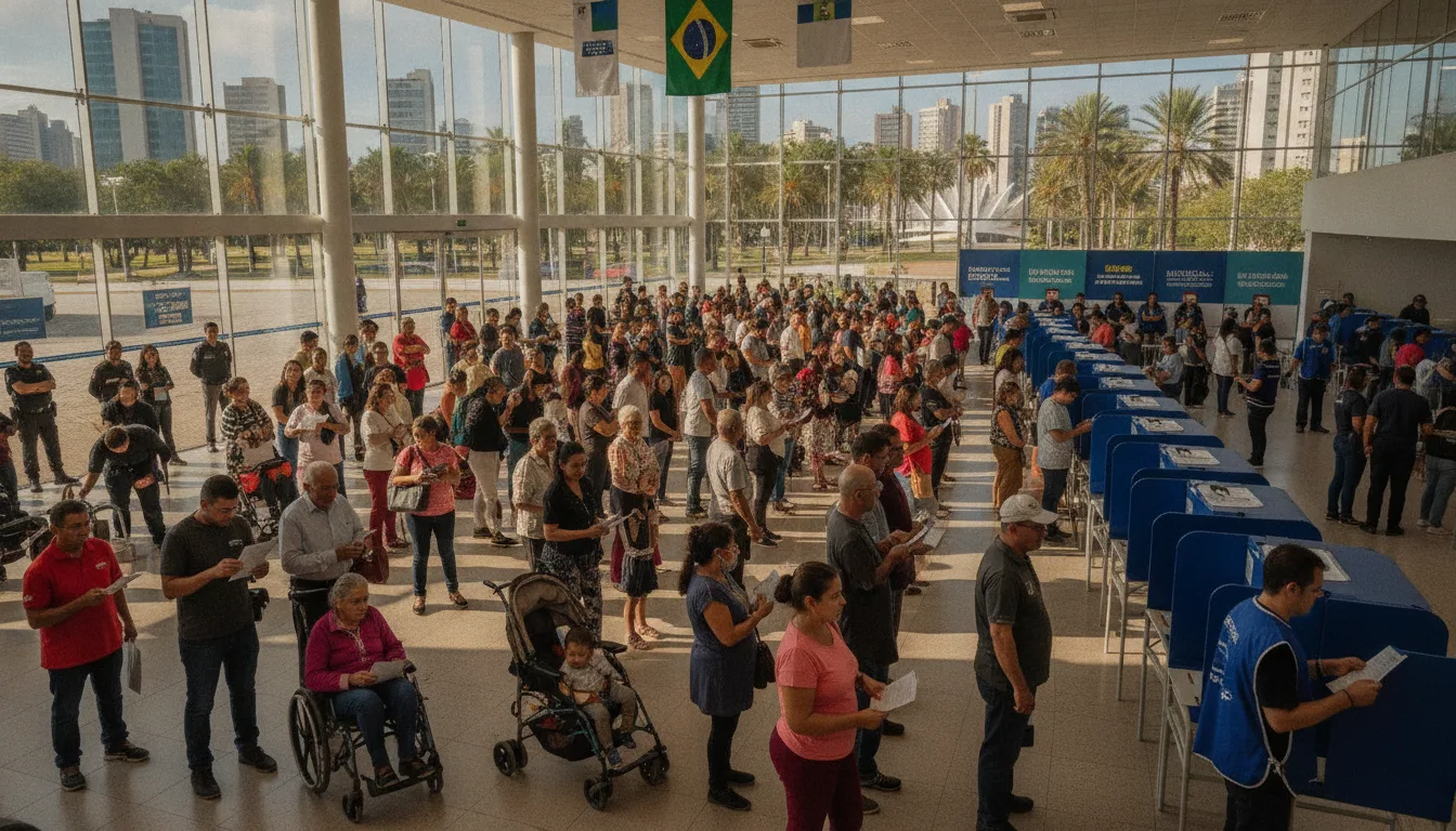 Fila de eleitores em local de votação com bandeira do Brasil ao fundo | Imagine Company - Agência de Marketing e Vendas em Goiânia - GO - BRASIL