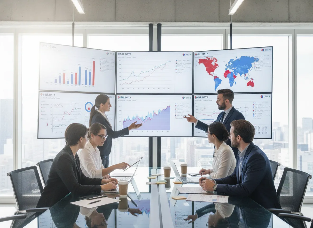 Profissionais analisam dados eleitorais em gráficos e mapas em uma sala de reuniões. | Imagine Company - Agência de Marketing e Vendas em Goiânia - GO - BRASIL