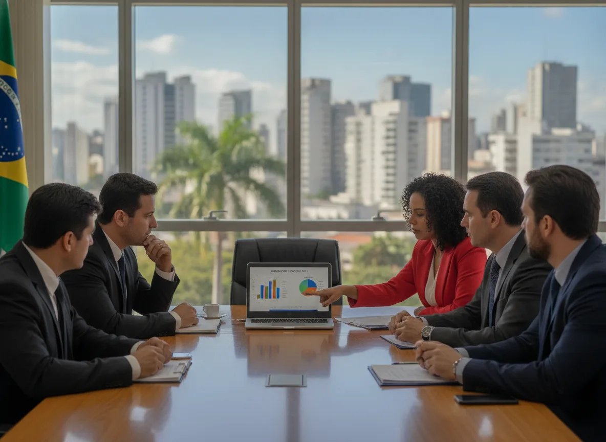 Cinco ministros em reunião discutindo pesquisas eleitorais com gráficos no laptop | Imagine Company - Agência de Marketing e Vendas em Goiânia - GO - BRASIL