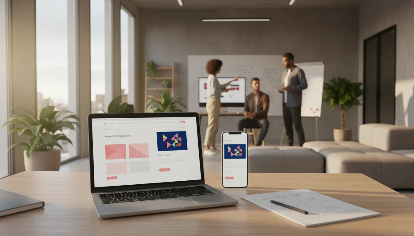 Mesa com laptop e smartphone mostrando design responsivo, pessoas discutindo ao fundo | Imagine Company - Agência de Marketing e Vendas em Goiânia - GO - BRASIL