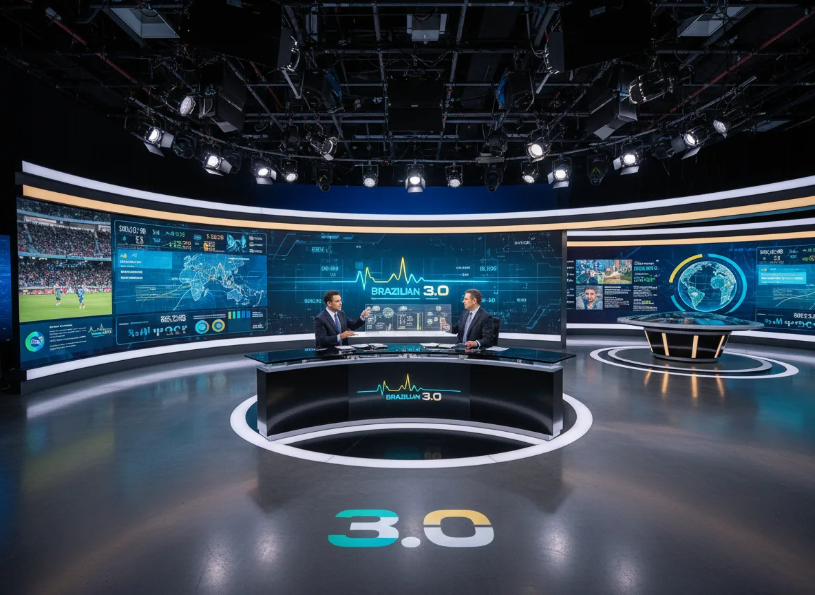 Dois apresentadores em estúdio moderno discutindo o Modelo Brasileiro 3.0 | Imagine Company - Agência de Marketing e Vendas em Goiânia - GO - BRASIL