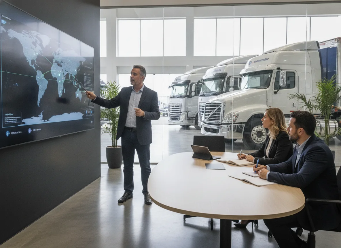 Executivos em reunião analisando mapa mundial com caminhões ao fundo | Imagine Company - Agência de Marketing e Vendas em Goiânia - GO - BRASIL