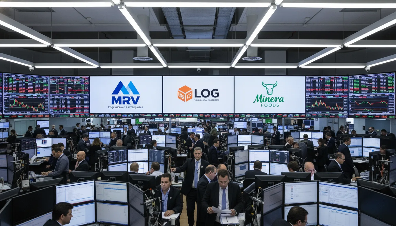 Corretoras em ação na bolsa de valores com telas mostrando MRV, Log CP e Minerva. | Imagine Company - Agência de Marketing e Vendas em Goiânia - GO - BRASIL