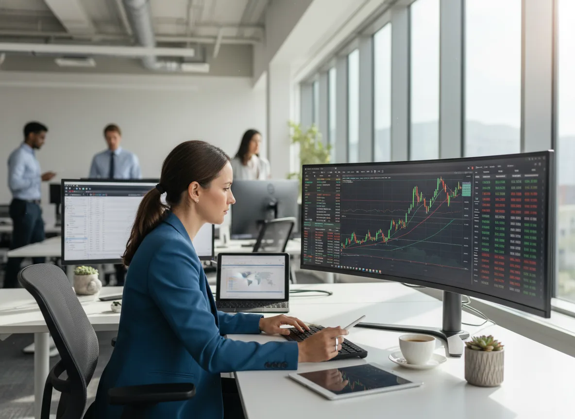 Mulher em escritório analisando gráficos de ações no computador | Imagine Company - Agência de Marketing e Vendas em Goiânia - GO - BRASIL