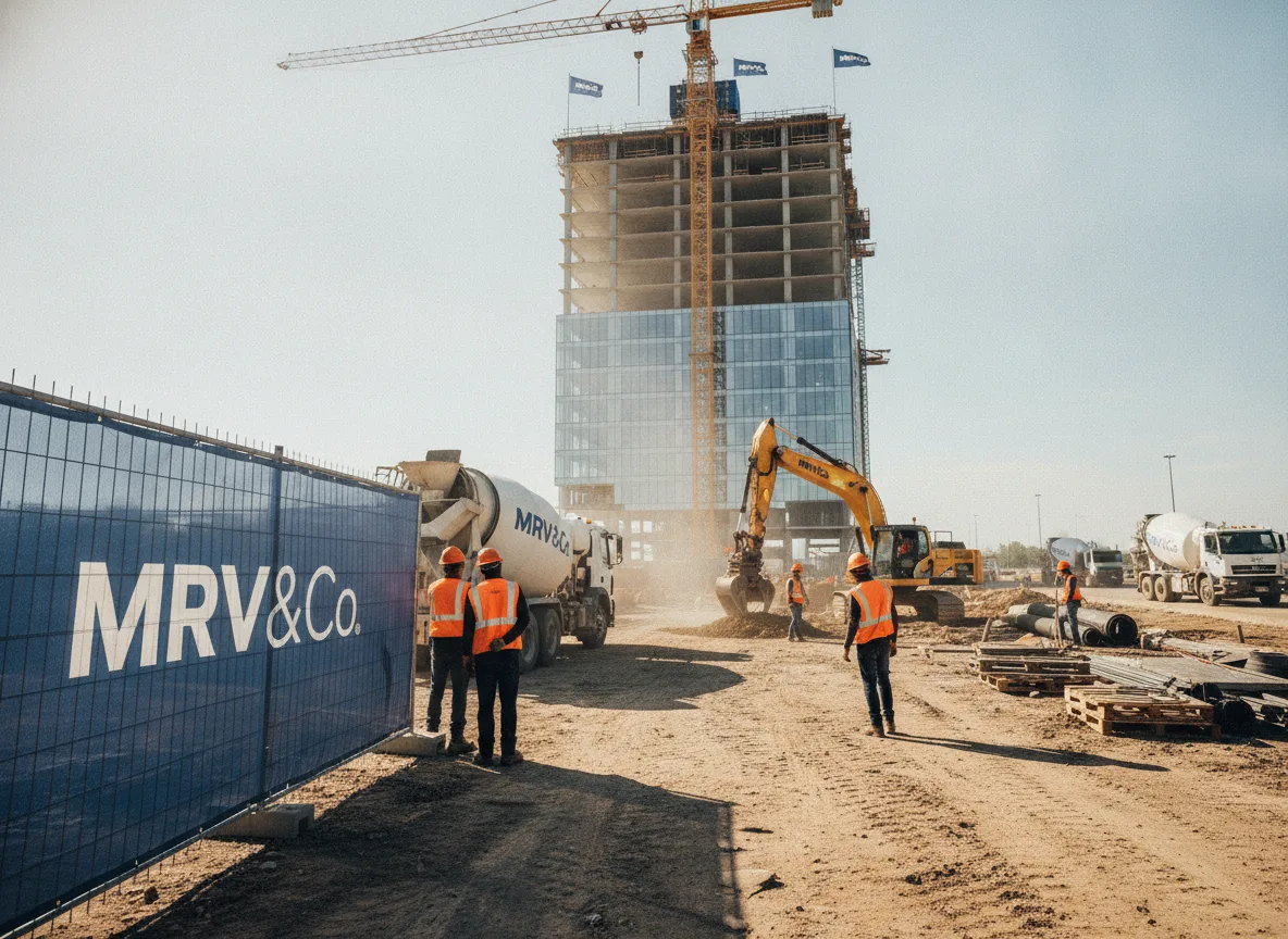 Operários em construção da MRV&Co com guindaste ao fundo | Imagine Company - Agência de Marketing e Vendas em Goiânia - GO - BRASIL