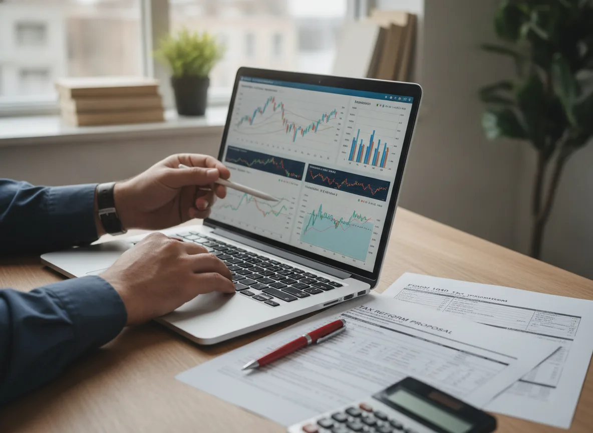 Pessoa analisando gráficos financeiros em um laptop sobre reforma tributária. | Imagine Company - Agência de Marketing e Vendas em Goiânia - GO - BRASIL