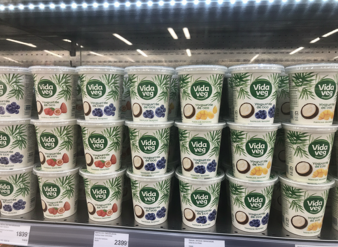 Potinhos de iogurte vegano de coco Vida Veg em prateleira de supermercado | Imagine Company - Agência de Marketing e Vendas em Goiânia - GO - BRASIL
