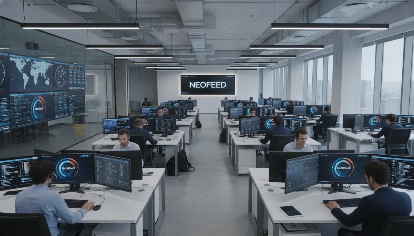 Escritório da NeoFeed com profissionais em computadores, telas exibindo dados | Imagine Company - Agência de Marketing e Vendas em Goiânia - GO - BRASIL
