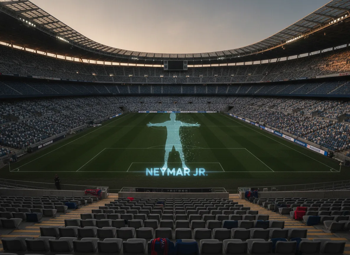 Estádio vazio com holograma de Neymar projetado no campo | Imagine Company - Agência de Marketing e Vendas em Goiânia - GO - BRASIL