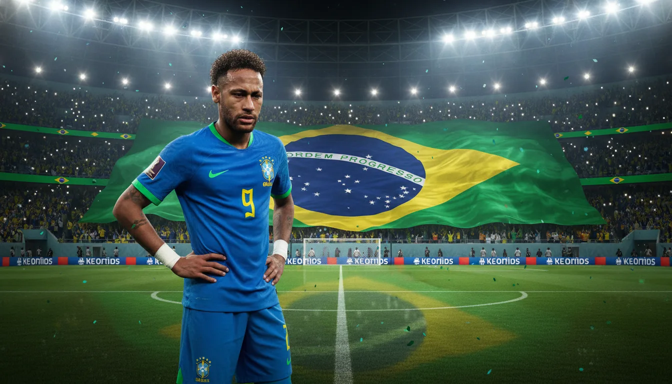Neymar em campo com a camisa da Seleção Brasileira, bandeira ao fundo | Imagine Company - Agência de Marketing e Vendas em Goiânia - GO - BRASIL
