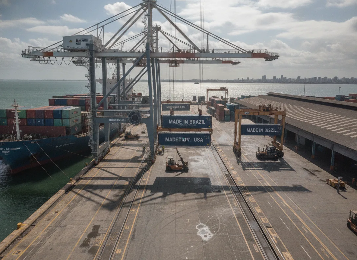 Guindaste movimentando contêineres 'Made in Brazil' e 'Made in USA' em porto | Imagine Company - Agência de Marketing e Vendas em Goiânia - GO - BRASIL