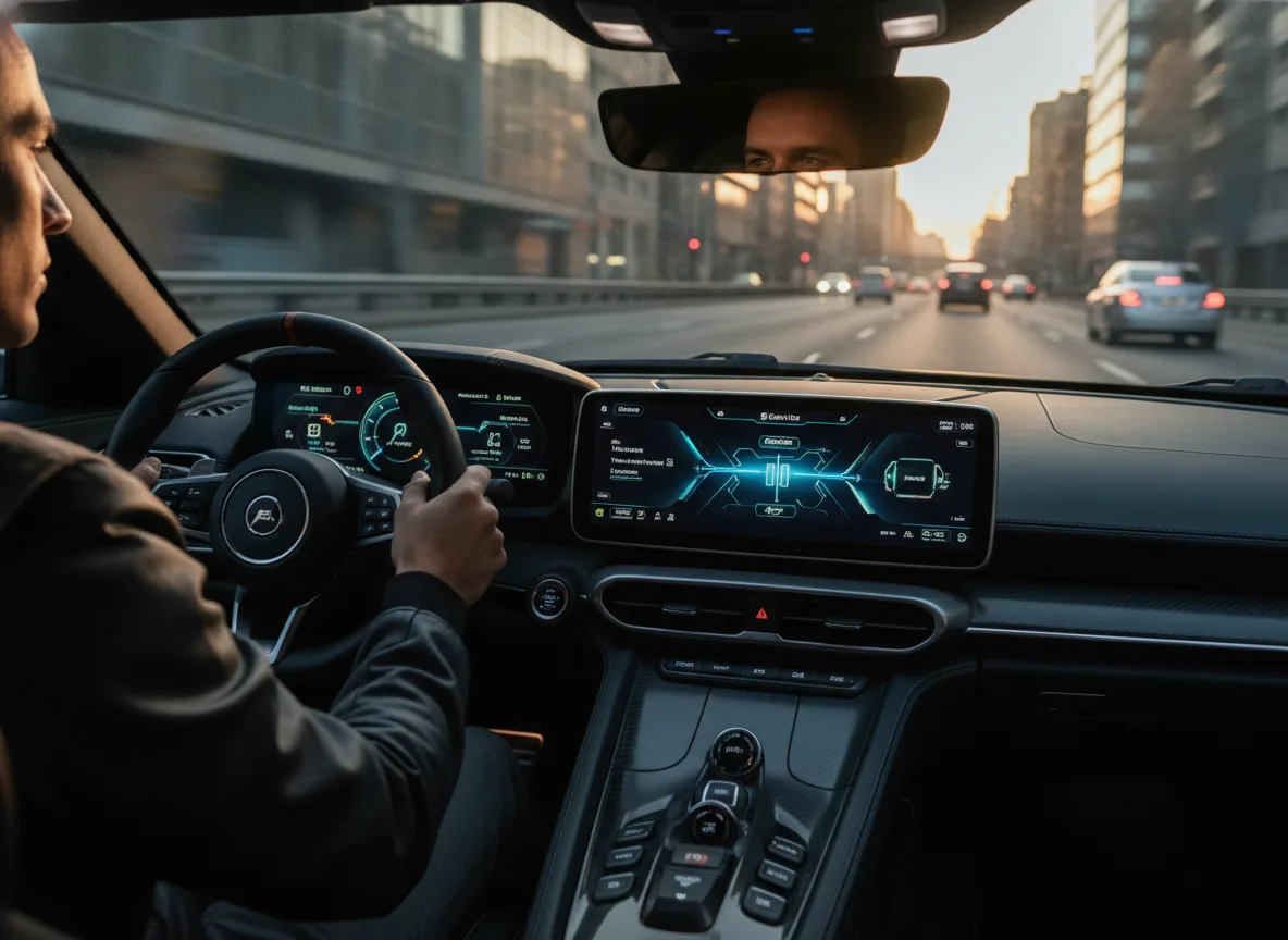Motorista em carro superhíbrido com painel digital em avenida | Imagine Company - Agência de Marketing e Vendas em Goiânia - GO - BRASIL