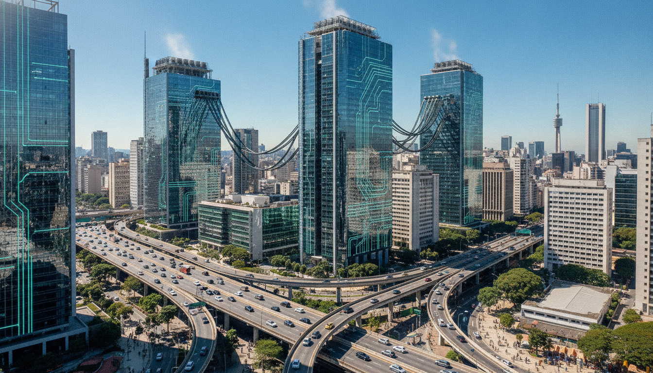 Vista aérea de data centers modernos em cidade brasileira, destacando infraestrutura urbana e desafios energéticos | Imagine Company - Agência de Marketing e Vendas em Goiânia - GO - BRASIL