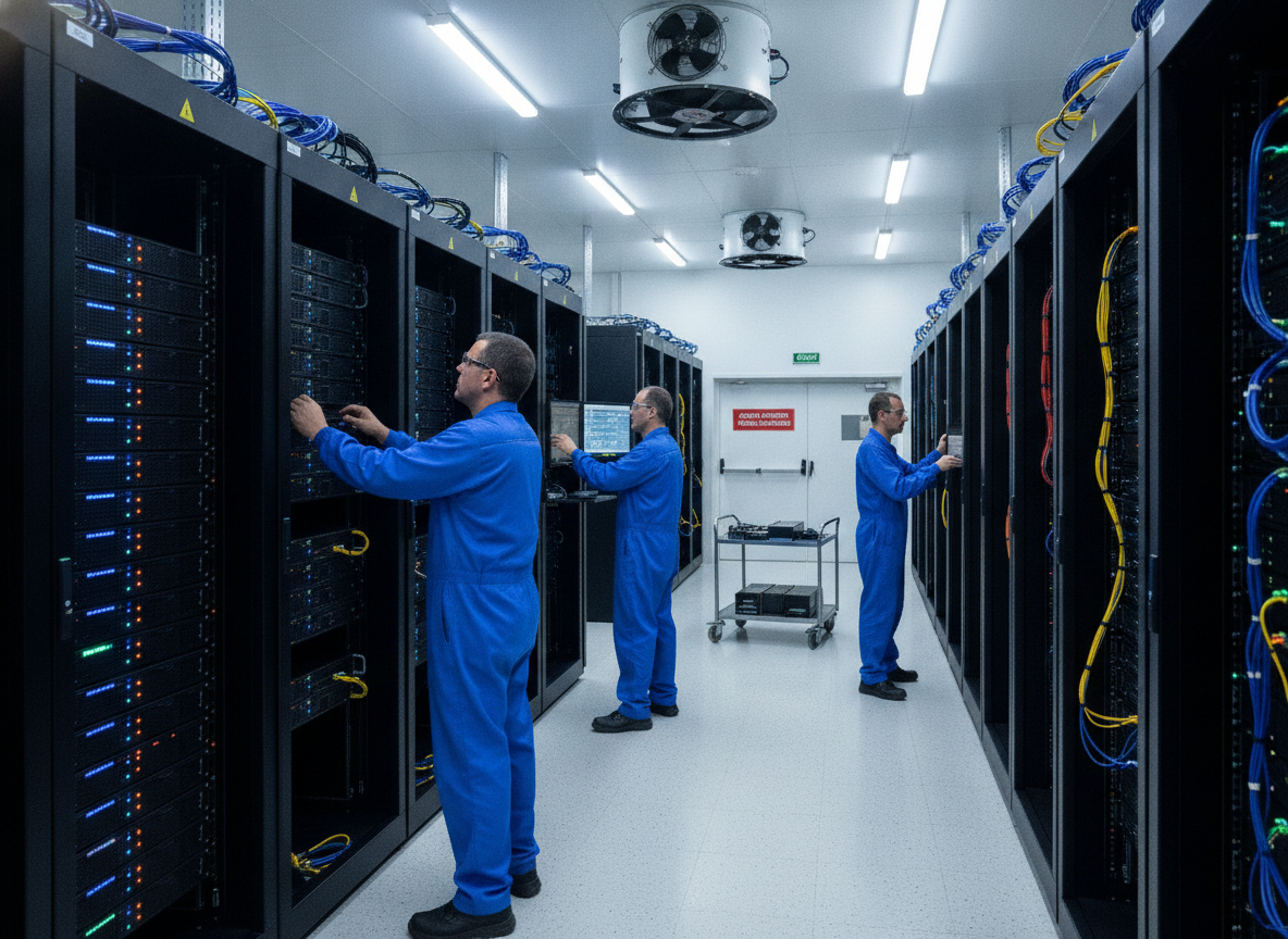 Técnicos em data center no Brasil ajustando servidores em sala moderna. | Imagine Company - Agência de Marketing e Vendas em Goiânia - GO - BRASIL