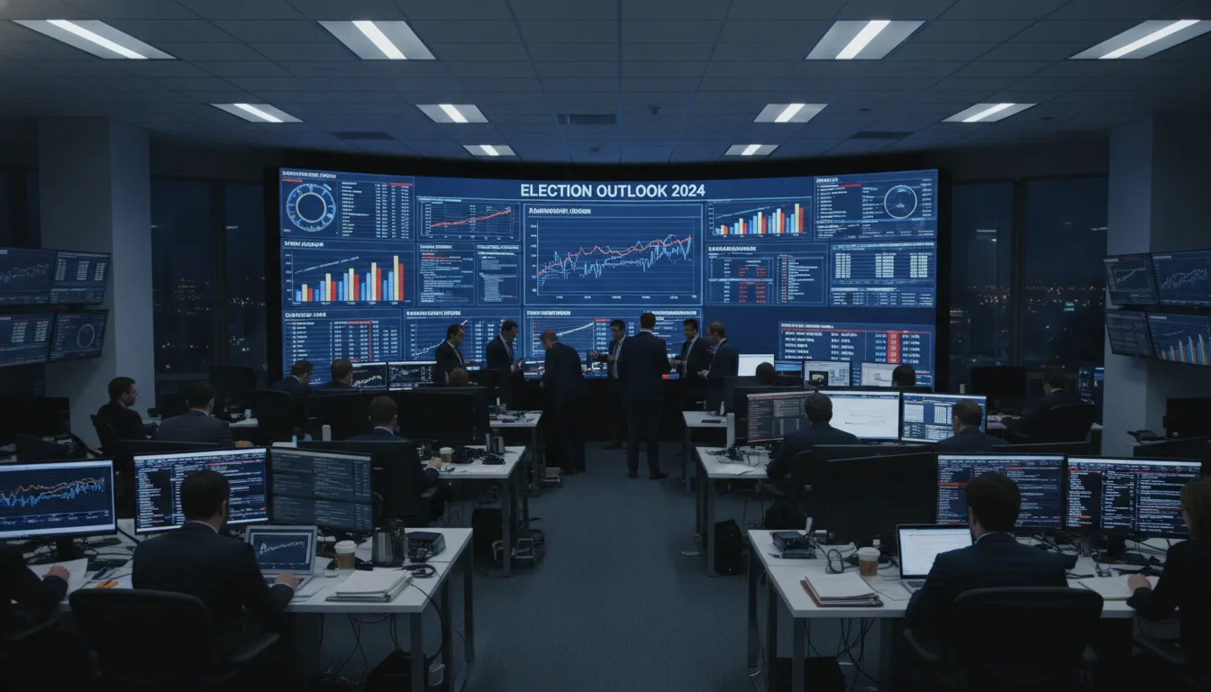 Sala de controle com analistas e gráficos de pesquisa eleitoral em telas grandes | Imagine Company - Agência de Marketing e Vendas em Goiânia - GO - BRASIL