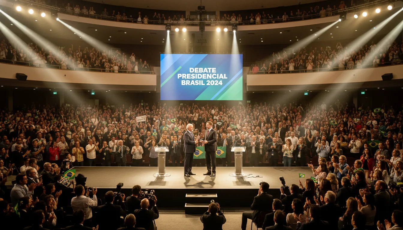 Debate presidencial 2024 com Lula e Flávio no palco diante de grande público | Imagine Company - Agência de Marketing e Vendas em Goiânia - GO - BRASIL