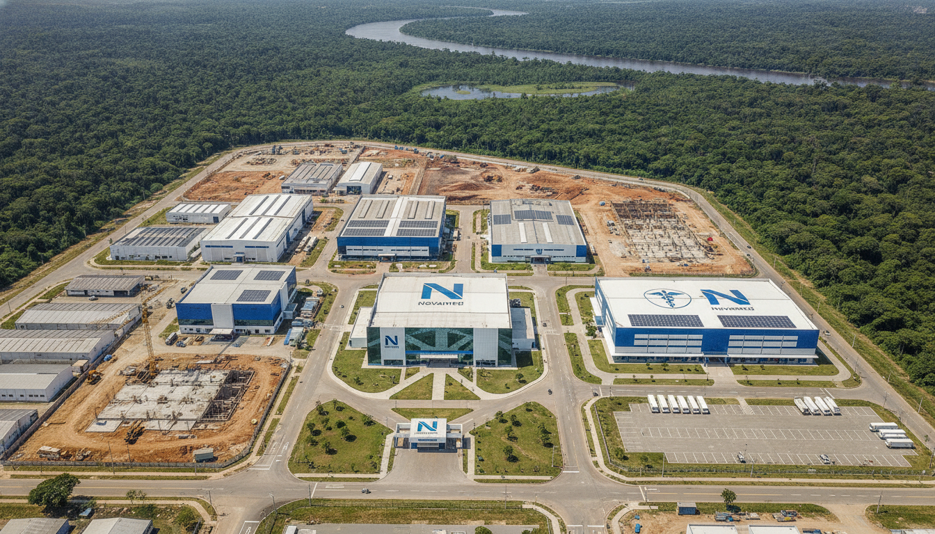 Imagem aérea da expansão da fábrica Novamed em Manaus, cercada por floresta | Imagine Company - Agência de Marketing e Vendas em Goiânia - GO - BRASIL