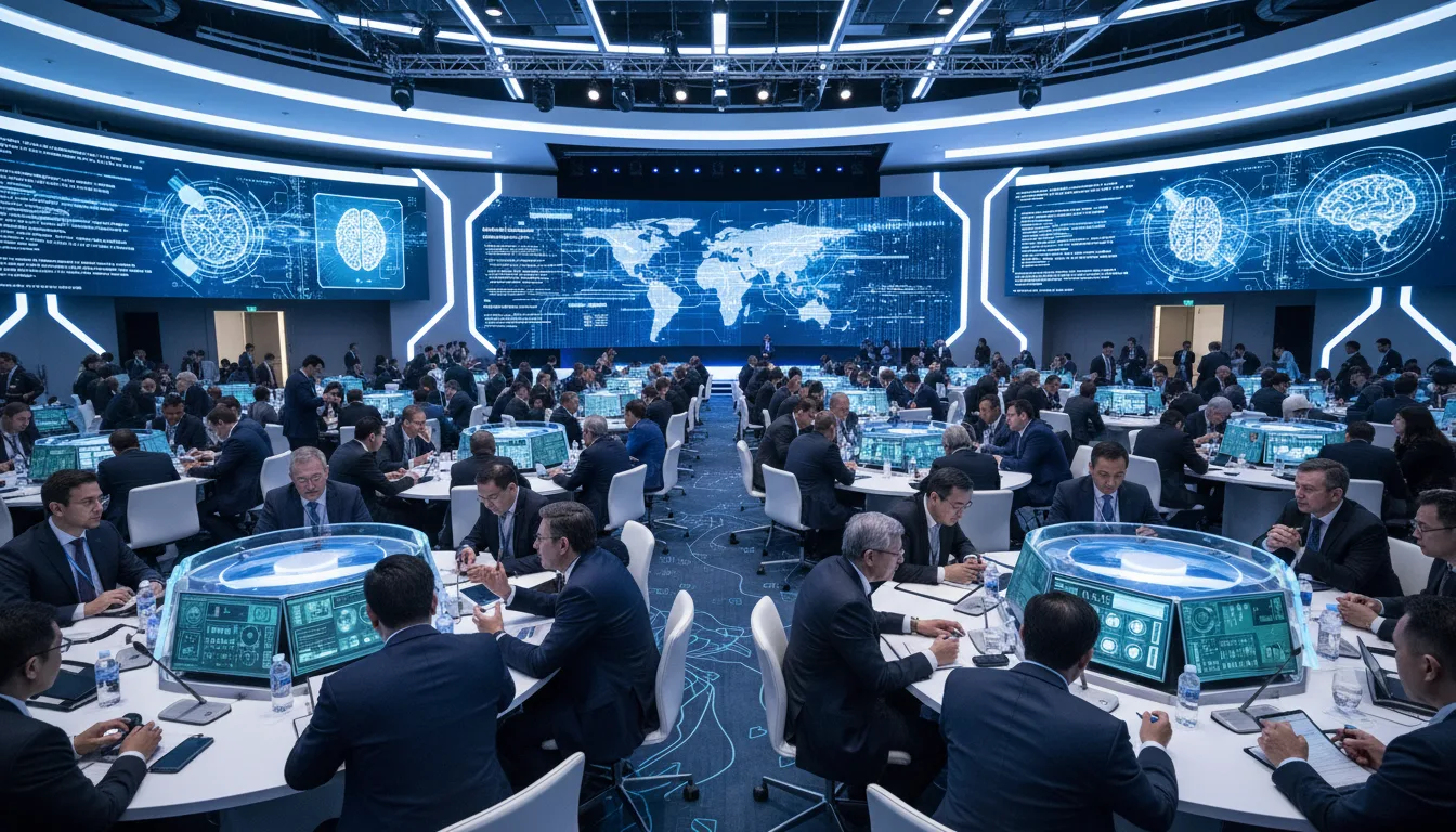 Sala de conferência com delegados discutindo IA e mapas mundiais exibidos | Imagine Company - Agência de Marketing e Vendas em Goiânia - GO - BRASIL