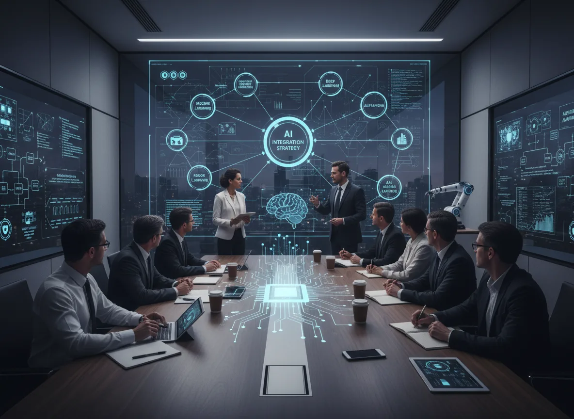 Líderes em reunião sobre estratégia de IA com telas digitais | Imagine Company - Agência de Marketing e Vendas em Goiânia - GO - BRASIL