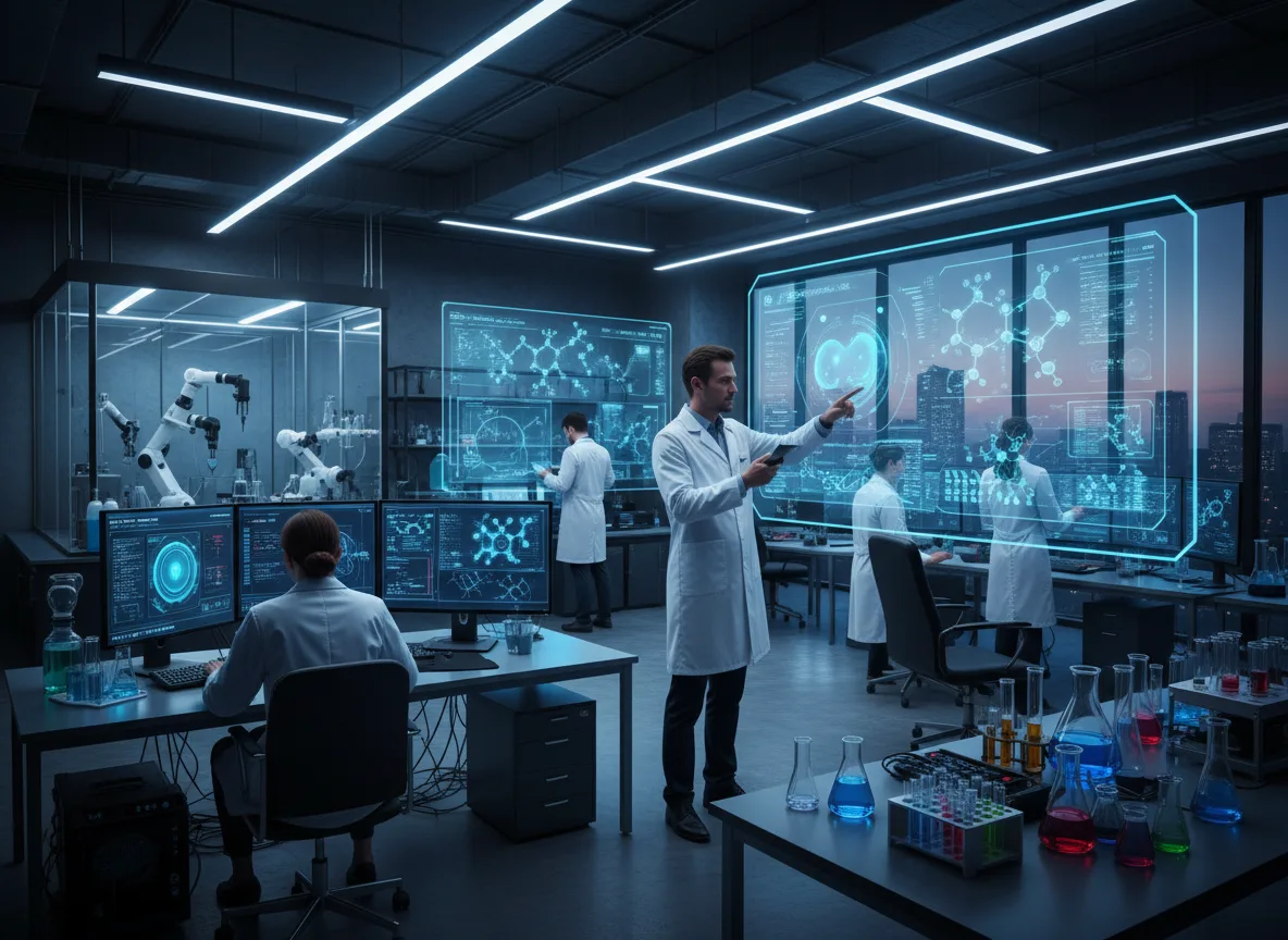 Cientistas em laboratório moderno usando tecnologia avançada para pesquisa de medicamentos | Imagine Company - Agência de Marketing e Vendas em Goiânia - GO - BRASIL