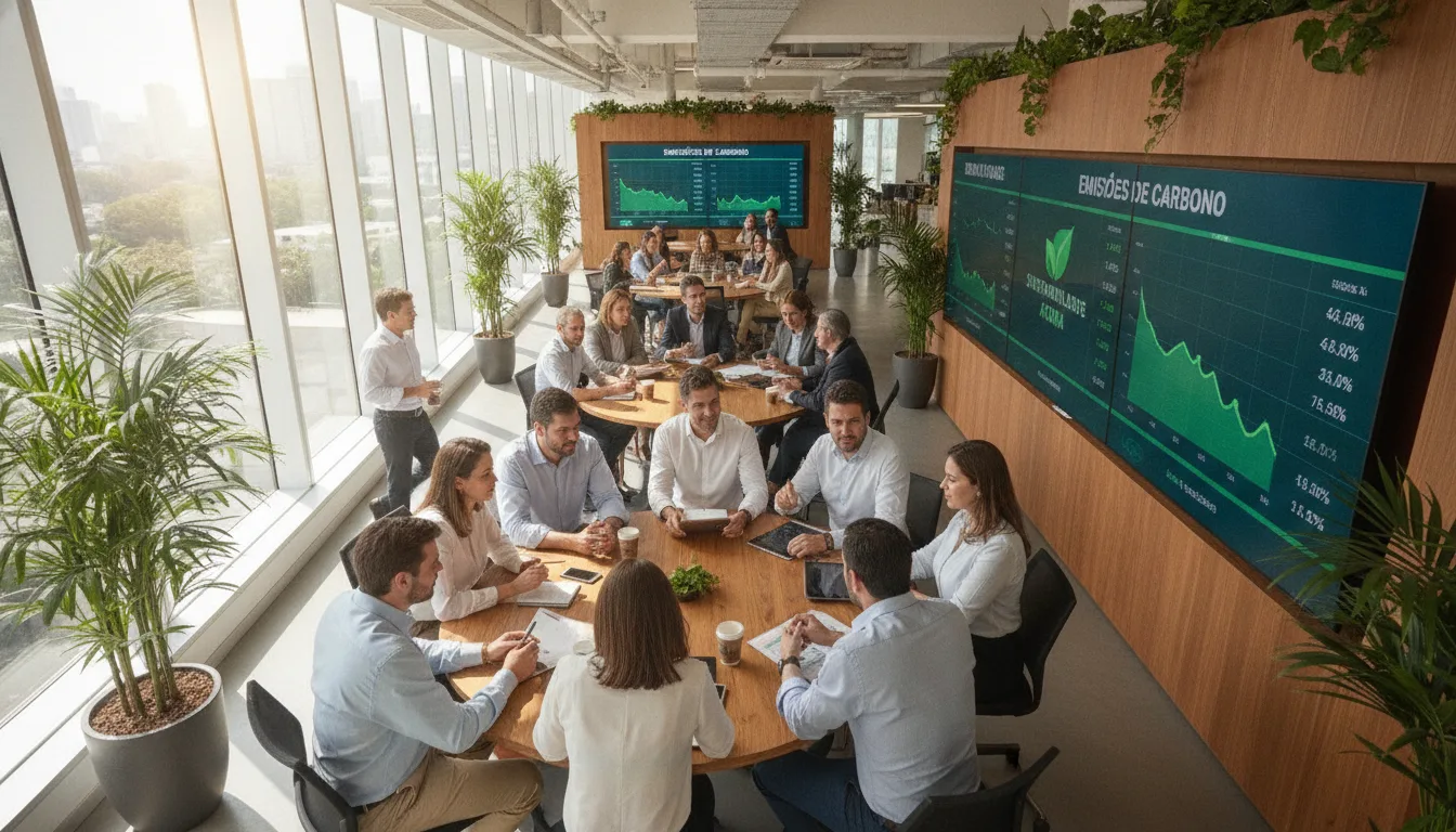 Pessoas em reunião discutindo dados de carbono com gráficos em tela | Imagine Company - Agência de Marketing e Vendas em Goiânia - GO - BRASIL