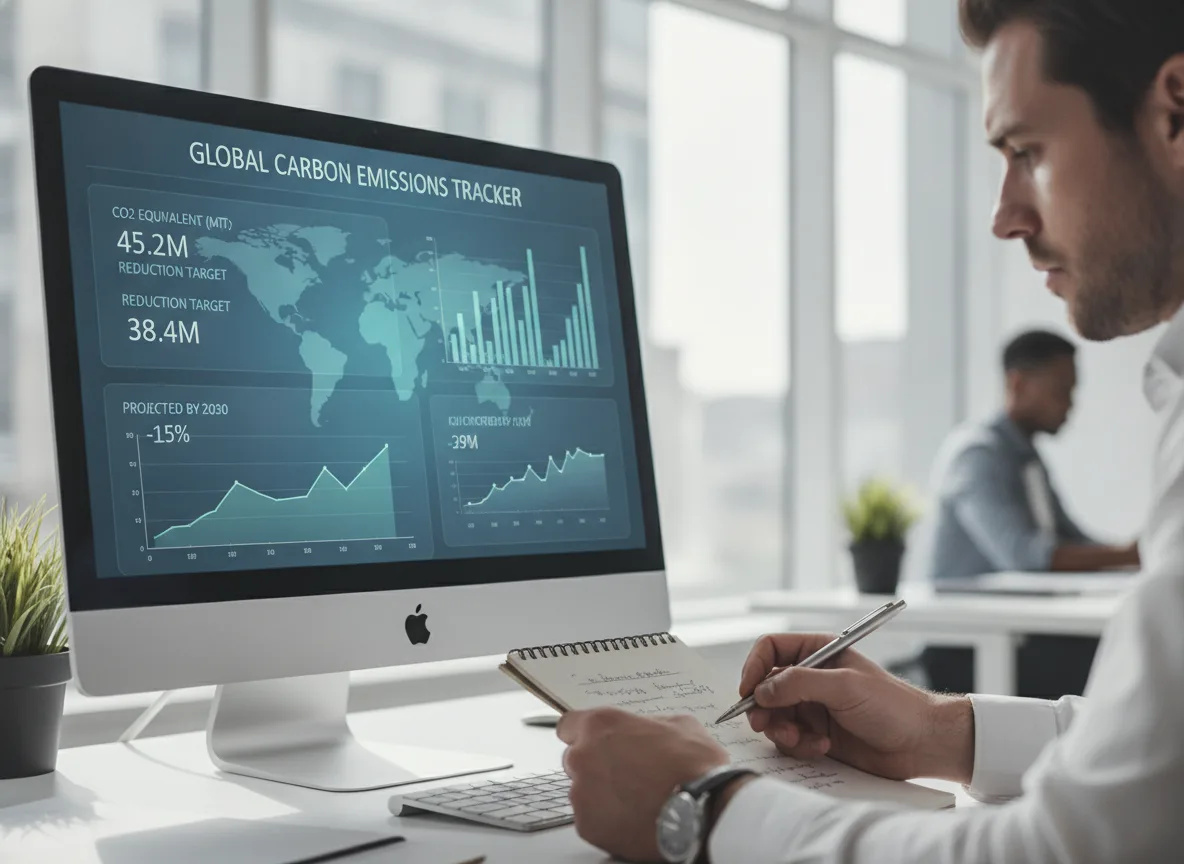 Homem analisa dados de emissões de carbono em tela de computador | Imagine Company - Agência de Marketing e Vendas em Goiânia - GO - BRASIL