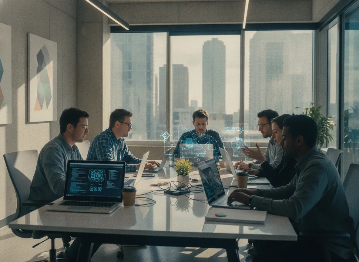 Executivos em reunião com laptops discutindo aquisição de site de IA | Imagine Company - Agência de Marketing e Vendas em Goiânia - GO - BRASIL