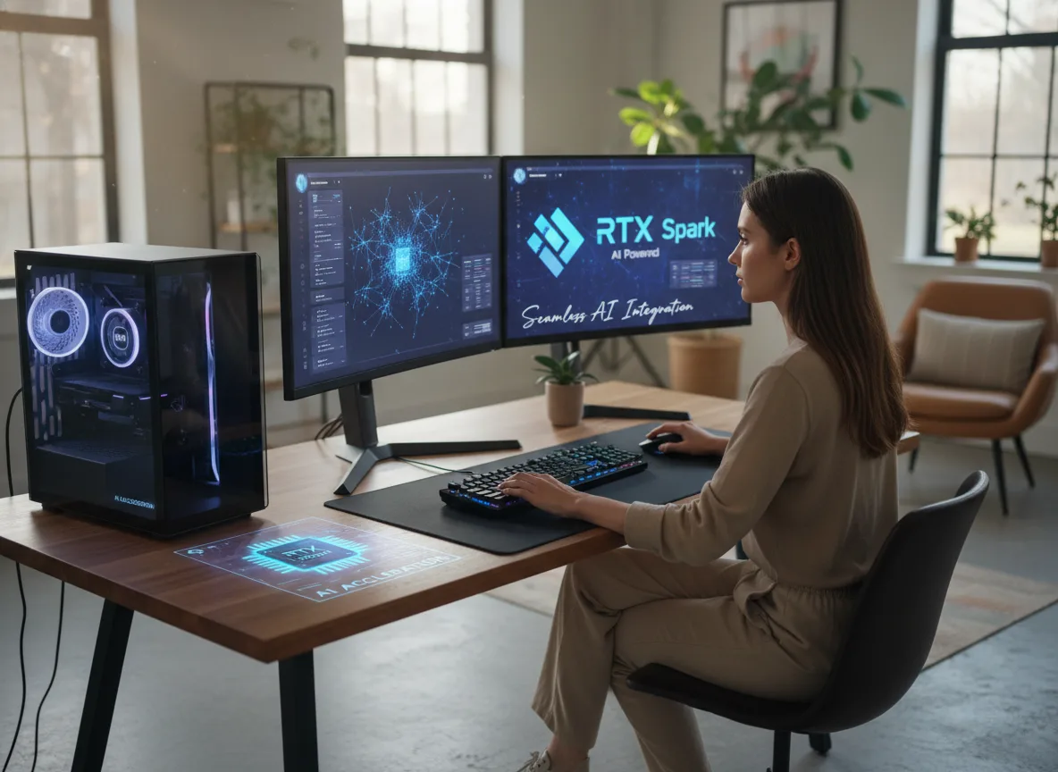 Mulher em frente a dois monitores com tecnologia Nvidia RTX Spark | Imagine Company - Agência de Marketing e Vendas em Goiânia - GO - BRASIL
