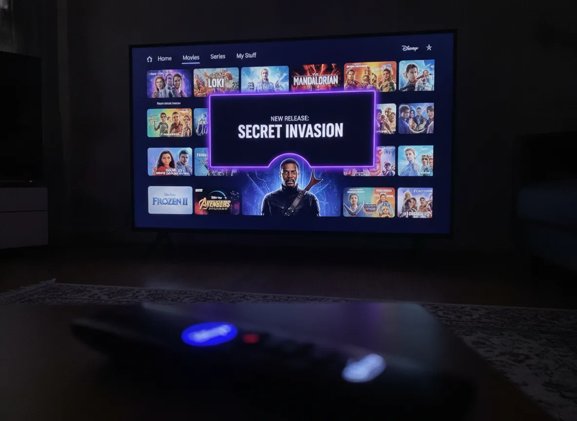 Tela de TV exibindo destaque do Disney+ com Secret Invasion. | Imagine Company - Agência de Marketing e Vendas em Goiânia - GO - BRASIL